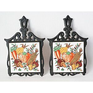 2 Vintage Cast Iron Tile Trivets Harvest Theme 1970s